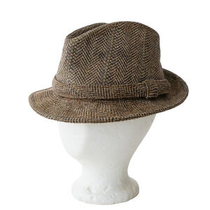 VTG Herringbone Men Fedora Hat S Youngan Korea Academia Wool Blend Tweed Trilby